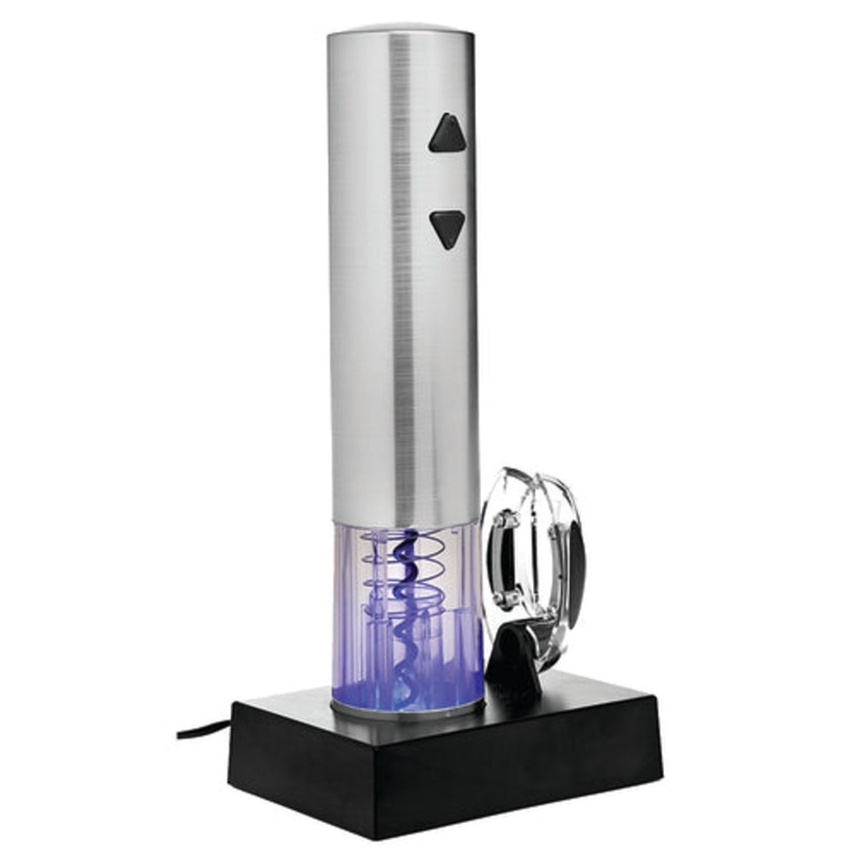 Franmara Dynamo electric corkscrew with stainless steel brushed body on black rechargeable stand, showing open spiral with incandescent blue light and side-mounted foil cutter