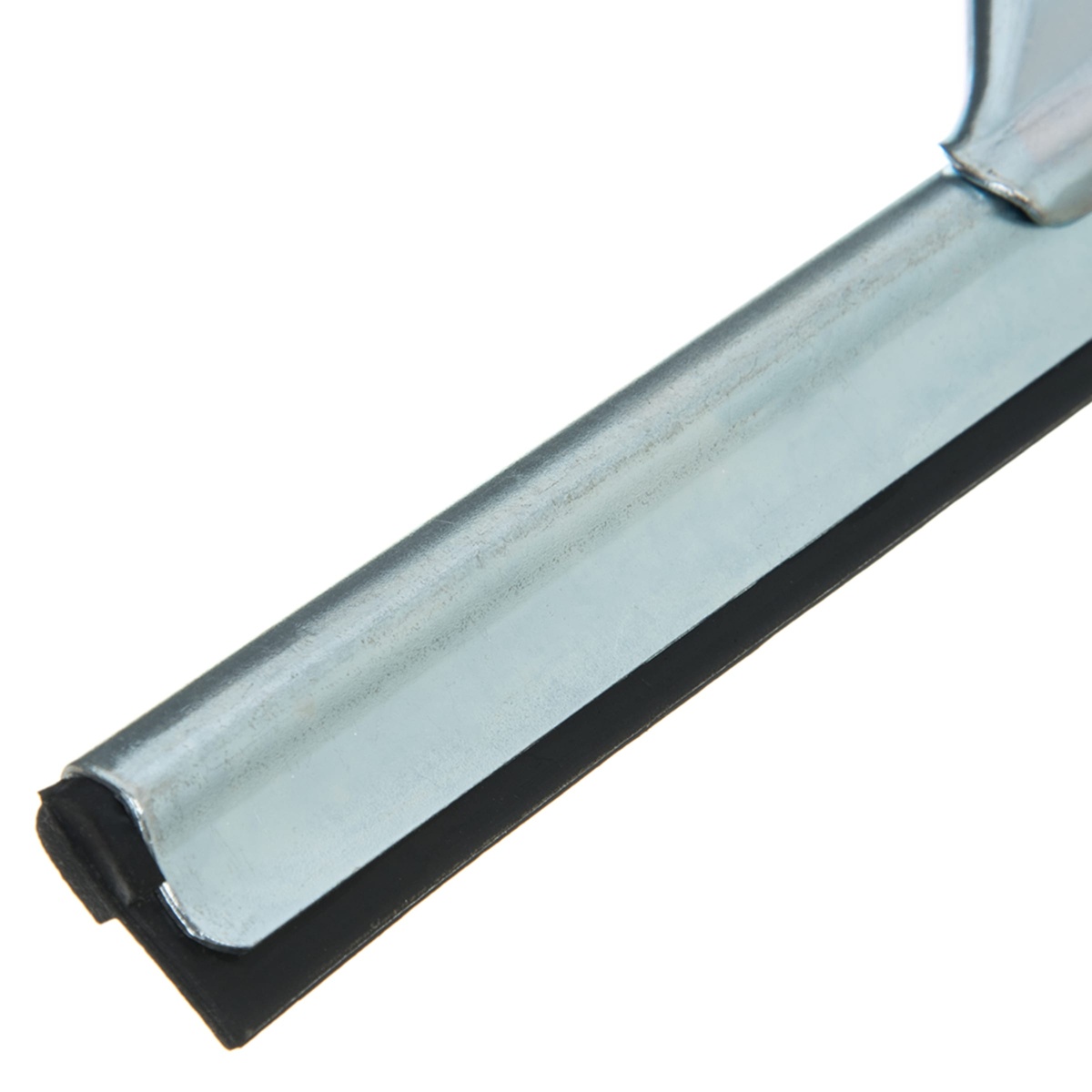 Close-up of black rubber squeegee blade seated in zinc-plated steel channel frame of Carlisle 4007000
