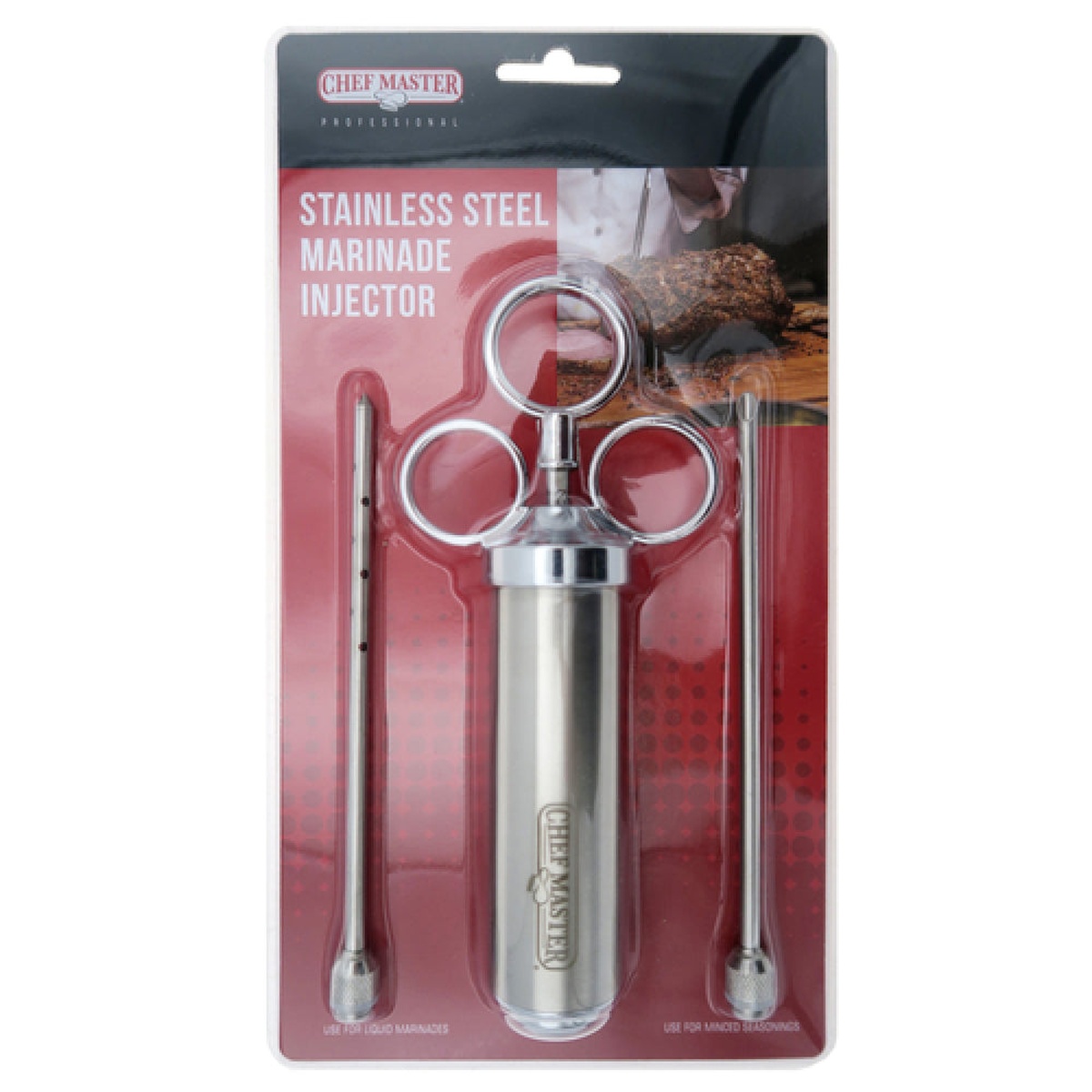 Chef Master 40098CM stainless steel marinade injector in retail blister packaging showing barrel and two interchangeable needle tips