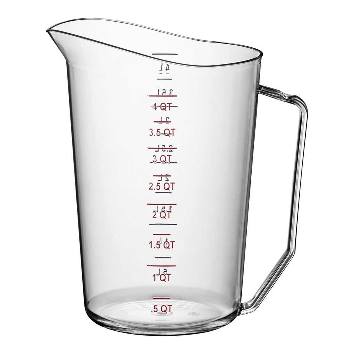 Cambro 400MCCW135 4-quart clear polycarbonate measuring cup with red quart and blue liter graduation markings on white background