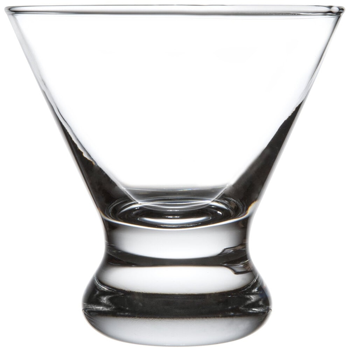 Libbey 400 Cosmopolitan 8.25 oz stemless cocktail glass, clear, showing thick rounded base and wide conical bowl