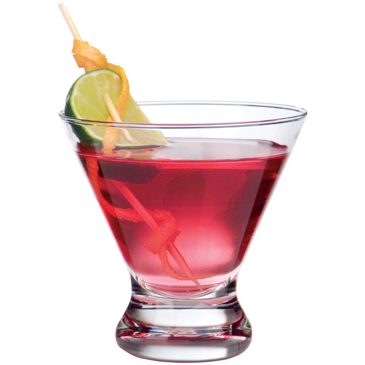 Libbey 400 Cosmopolitan glass filled with red cocktail and garnished with lime slice and fruit skewer on white background