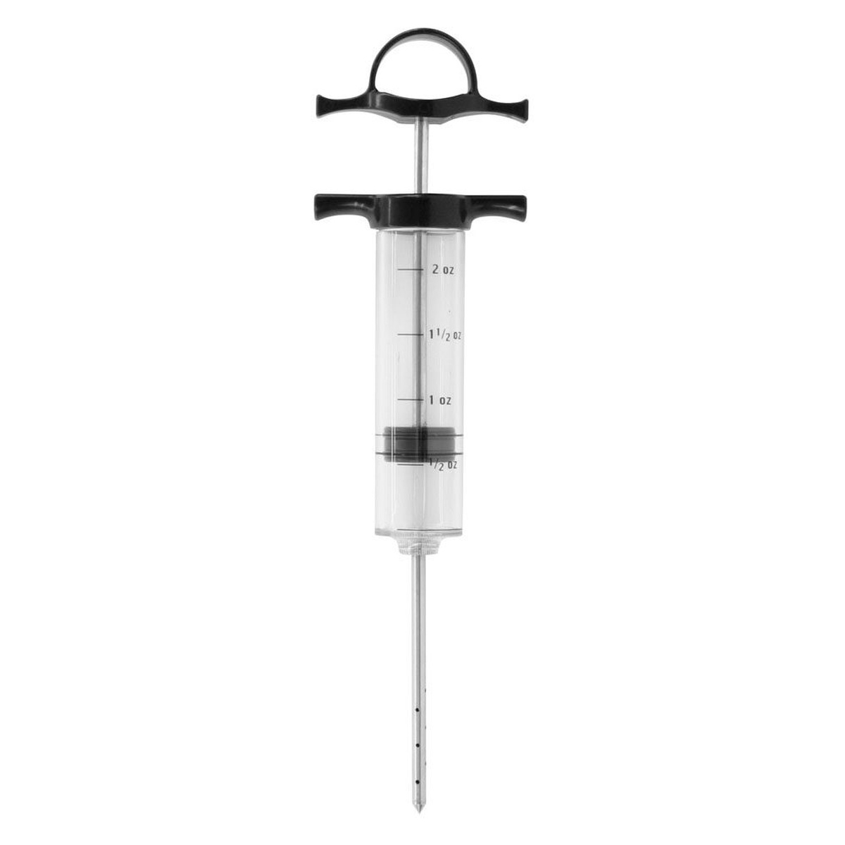 Chef Master 40100CM seasoning and marinade injector syringe with stainless steel needle and clear barrel showing oz measurements