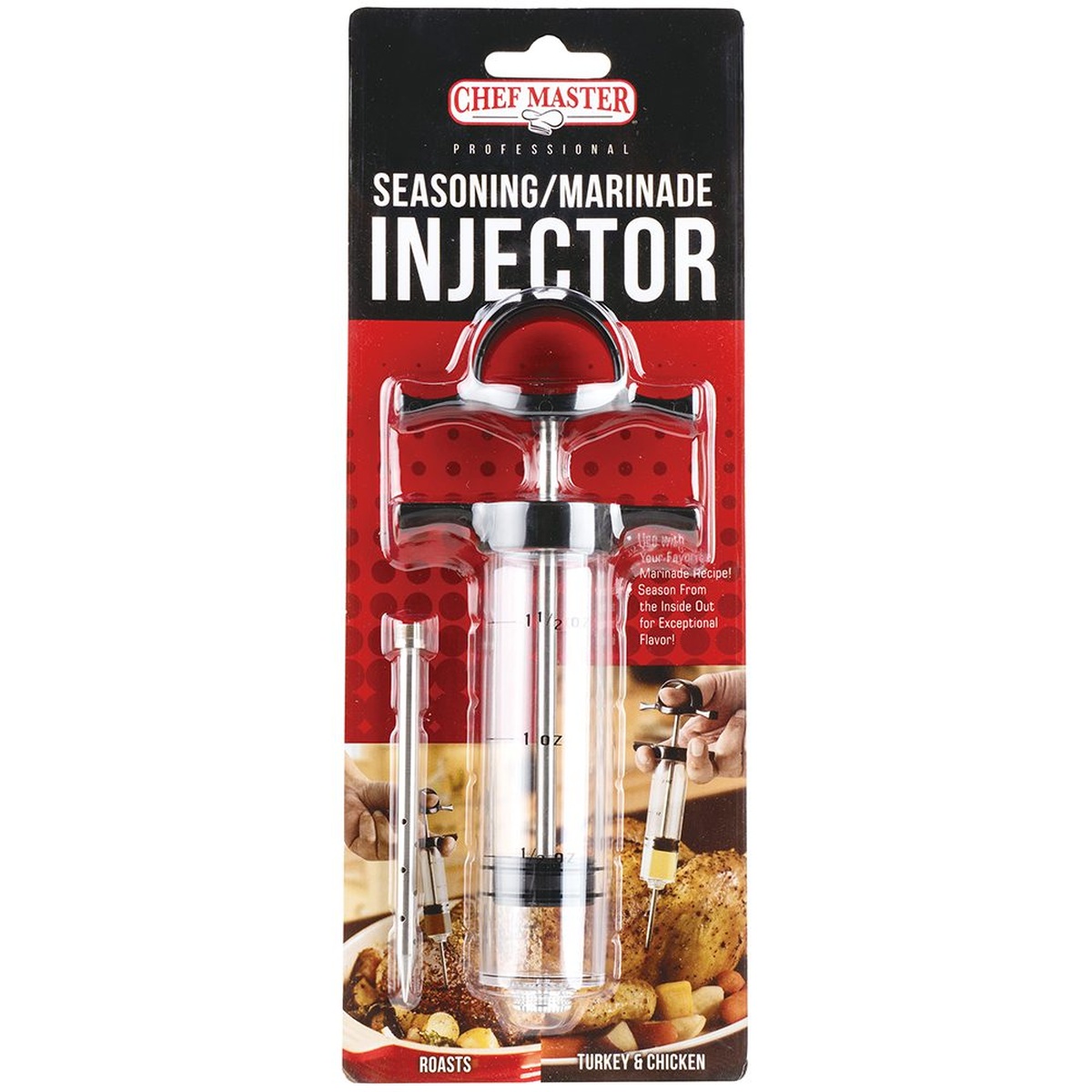 Chef Master 40100CM Professional Seasoning Marinade Injector retail packaging showing product and needle attachments