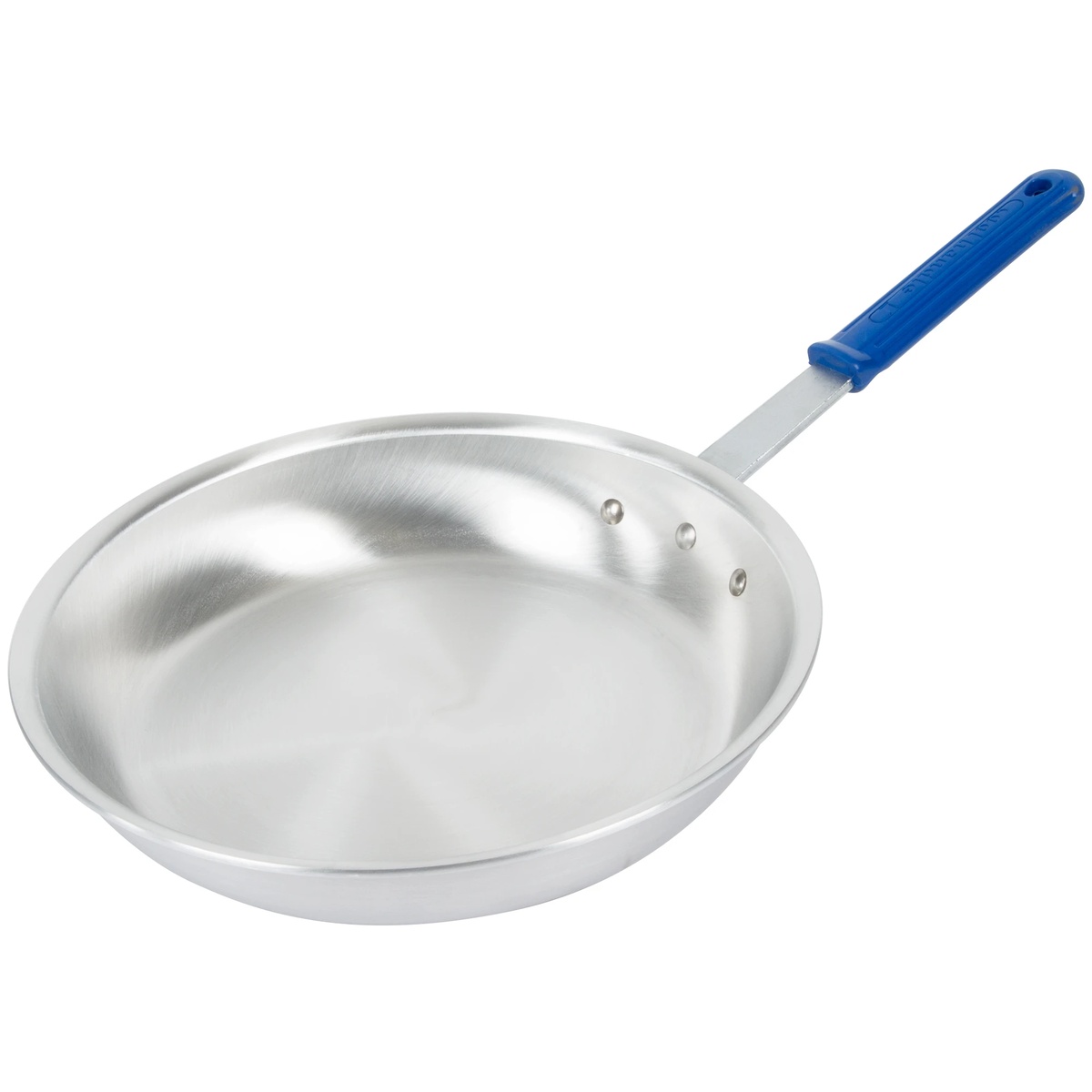 Vollrath Wear-Ever 12-inch aluminum fry pan with natural finish and blue Cool Handle rubber grip sleeve