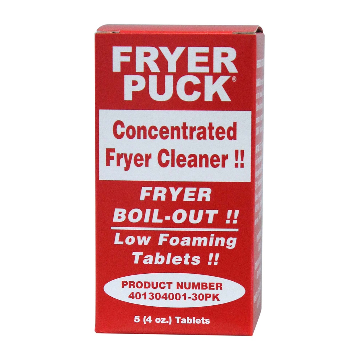 Quest Fryer Puck Concentrated Fryer Cleaner box showing 5 low-foaming 4 oz fryer boil-out tablets