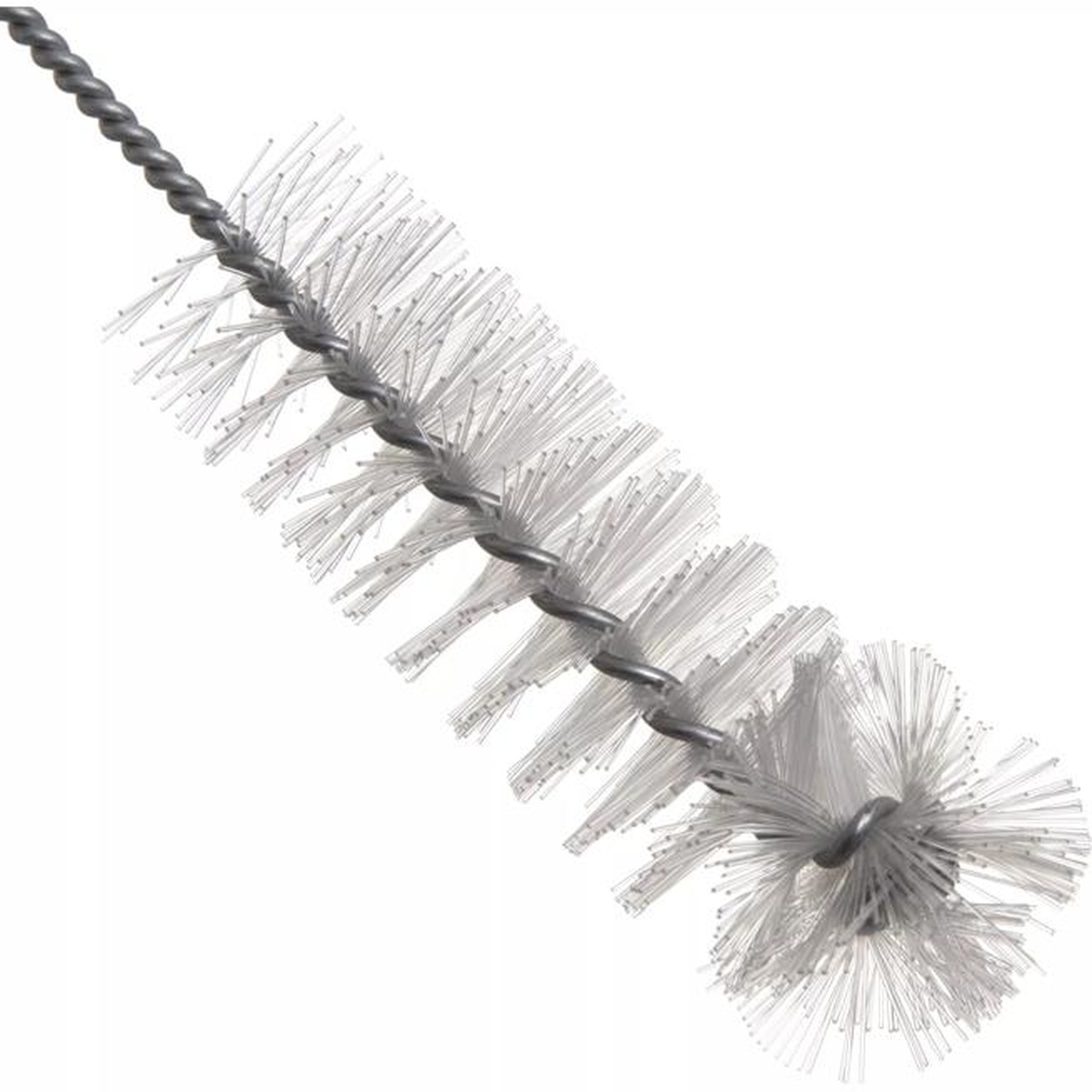 Close-up of white polyester bristles twisted around wire stem of tube brush