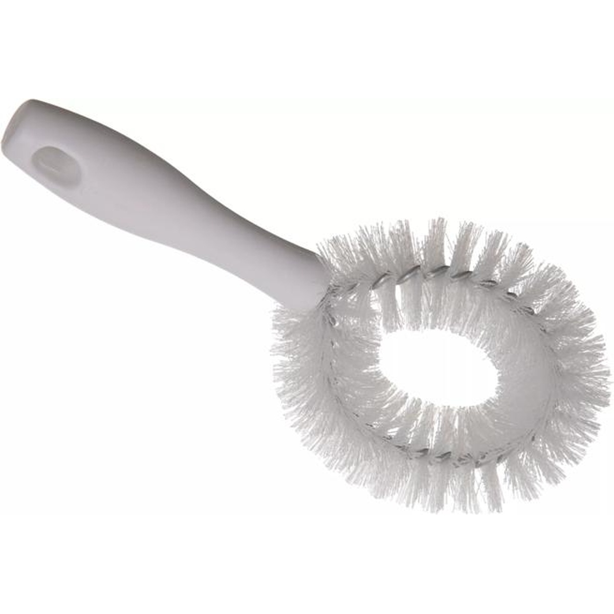 Sparta white vegetable brush side angle view showing handle hang hole and bristle construction
