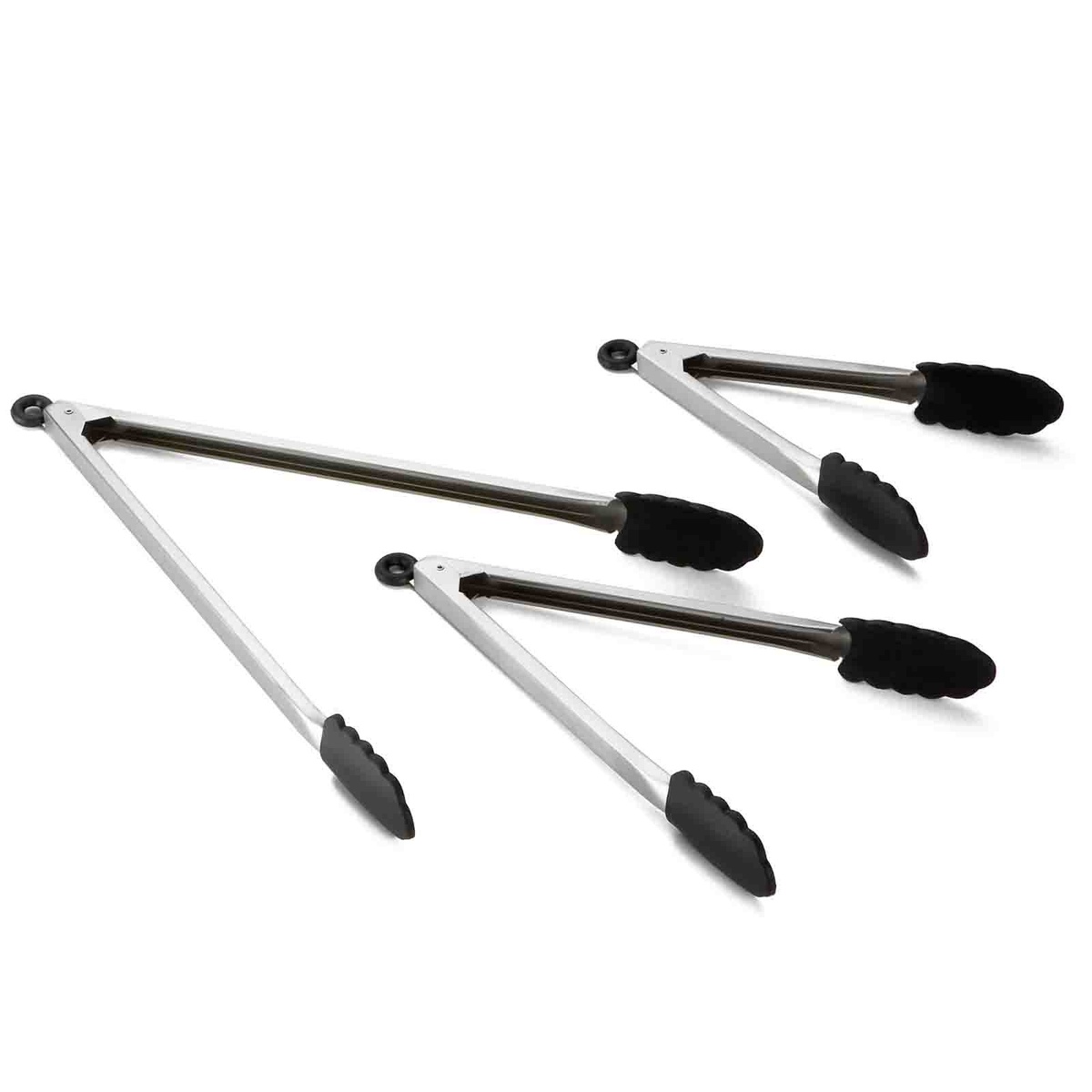 Group of three TableCraft silicone tip locking tongs in multiple sizes with stainless steel bodies and black silicone tips