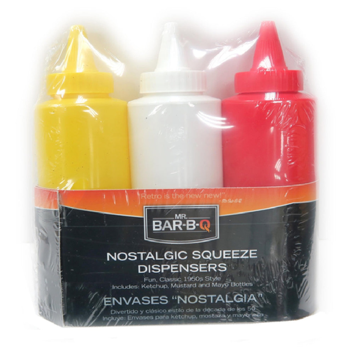 Chef Master Mr. Bar-B-Q Nostalgic Squeeze Dispenser 3-Pack showing yellow mustard, white mayo, and red ketchup bottles in retail packaging
