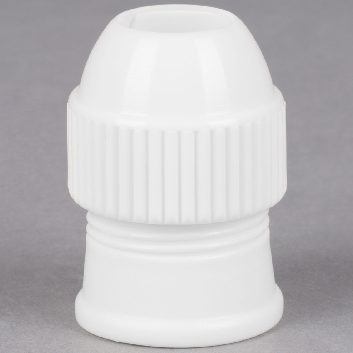Ateco 402 white plastic medium coupler assembled, showing ridged ring and tapered base