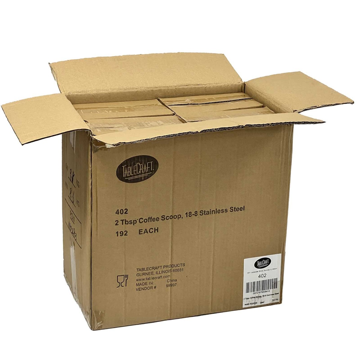 Open TableCraft master carton box labeled 402, 2 Tbsp Coffee Scoop 18-8 Stainless Steel, 192 each