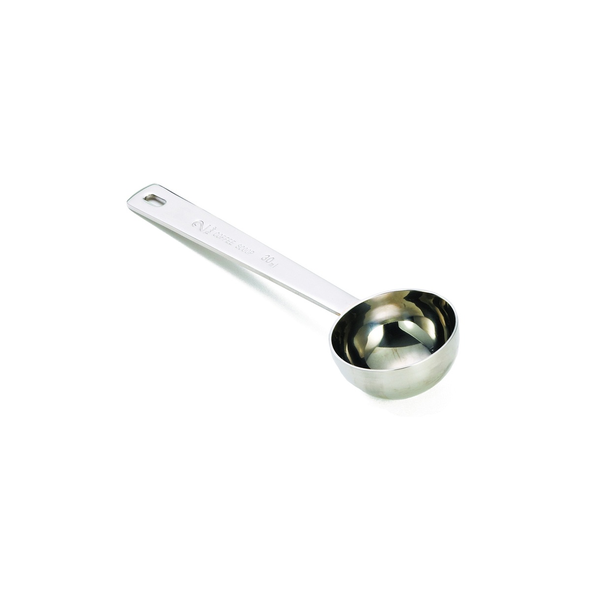 TableCraft 402 stainless steel 2-tablespoon coffee scoop with mirror finish and flat handle on white background