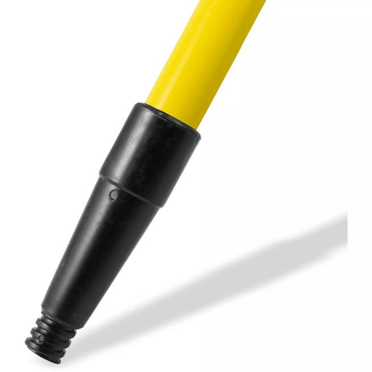 Close-up of the black threaded and tapered connector end of the yellow fiberglass handle
