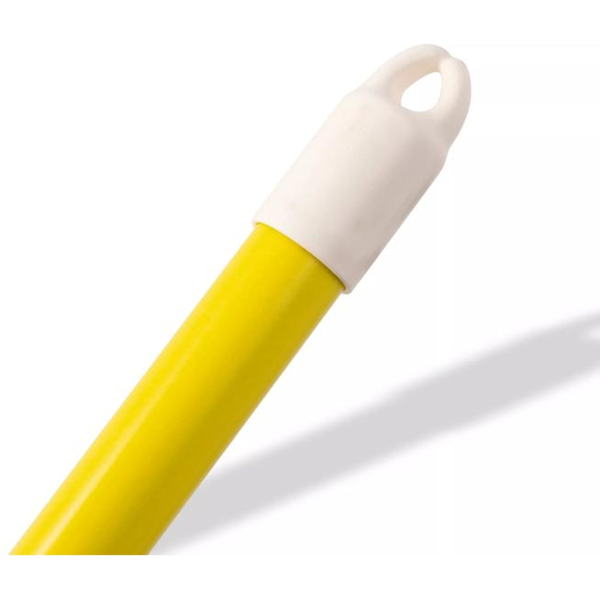 Close-up of the white end cap with hanging loop on yellow fiberglass handle top