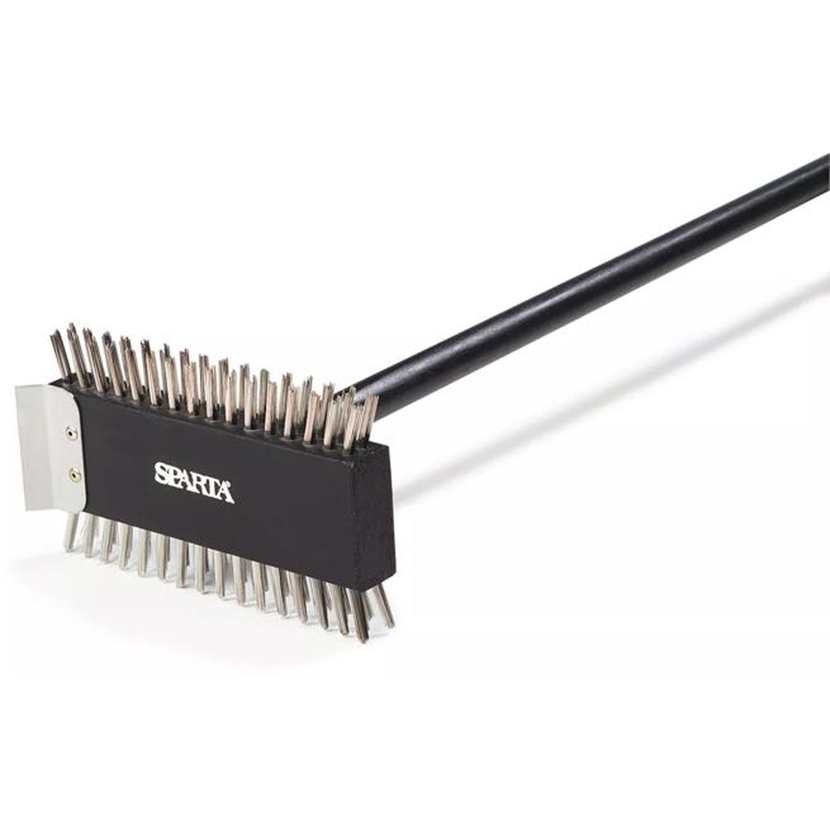 Sparta Broiler Master Grill Brush low-angle view showing full brush head with metal bristles and black handle