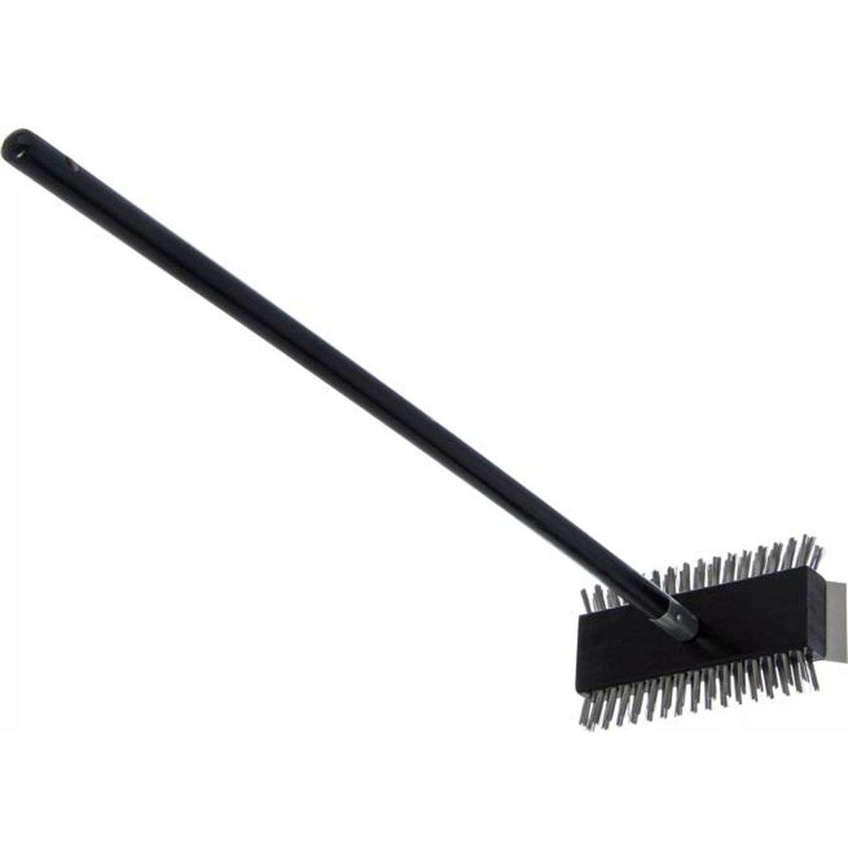 Full-length diagonal view of Sparta Broiler Master Grill Brush showing 30.5 inch long black wood handle