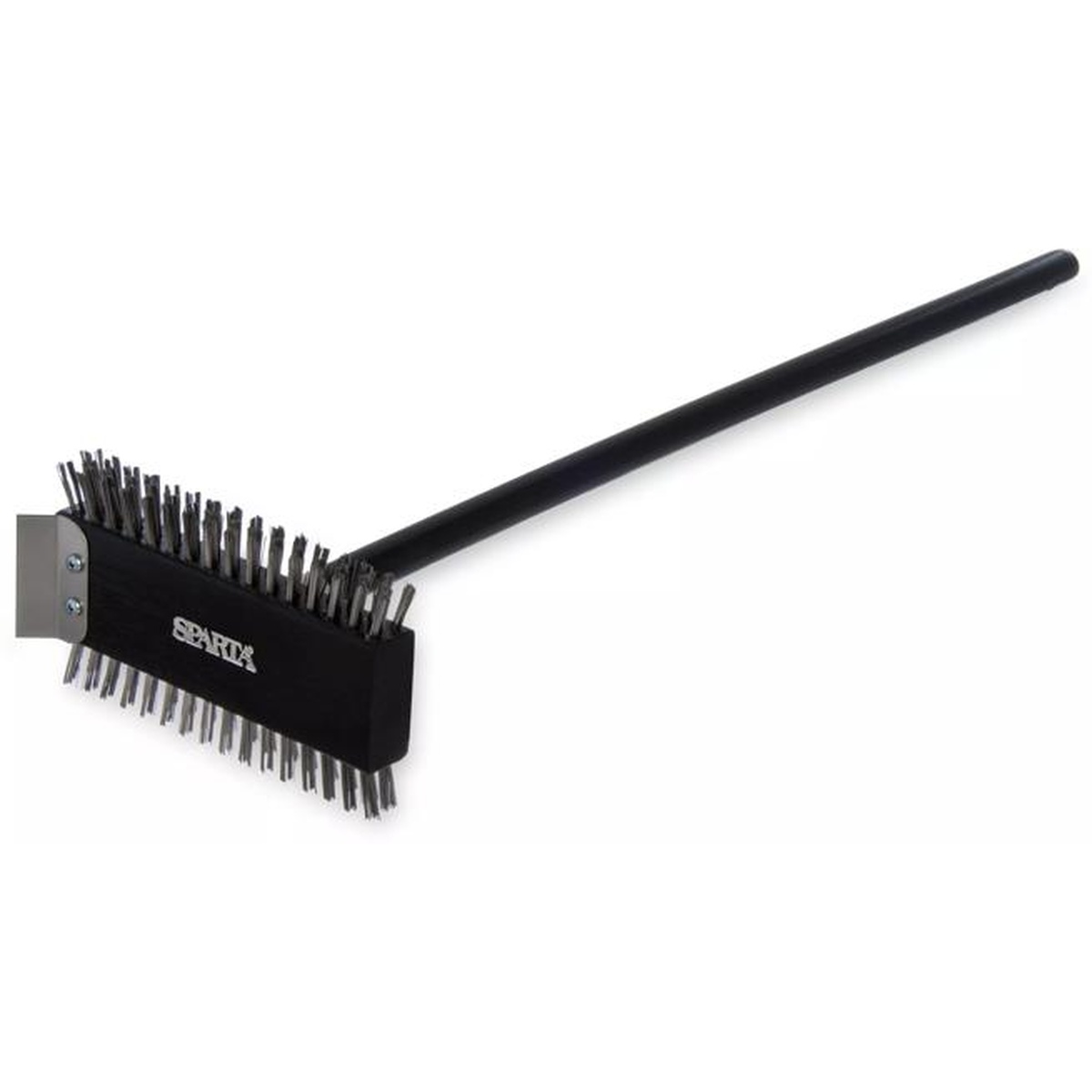 Sparta Broiler Master Grill Brush with black hardwood handle and metal bristle head, angled view