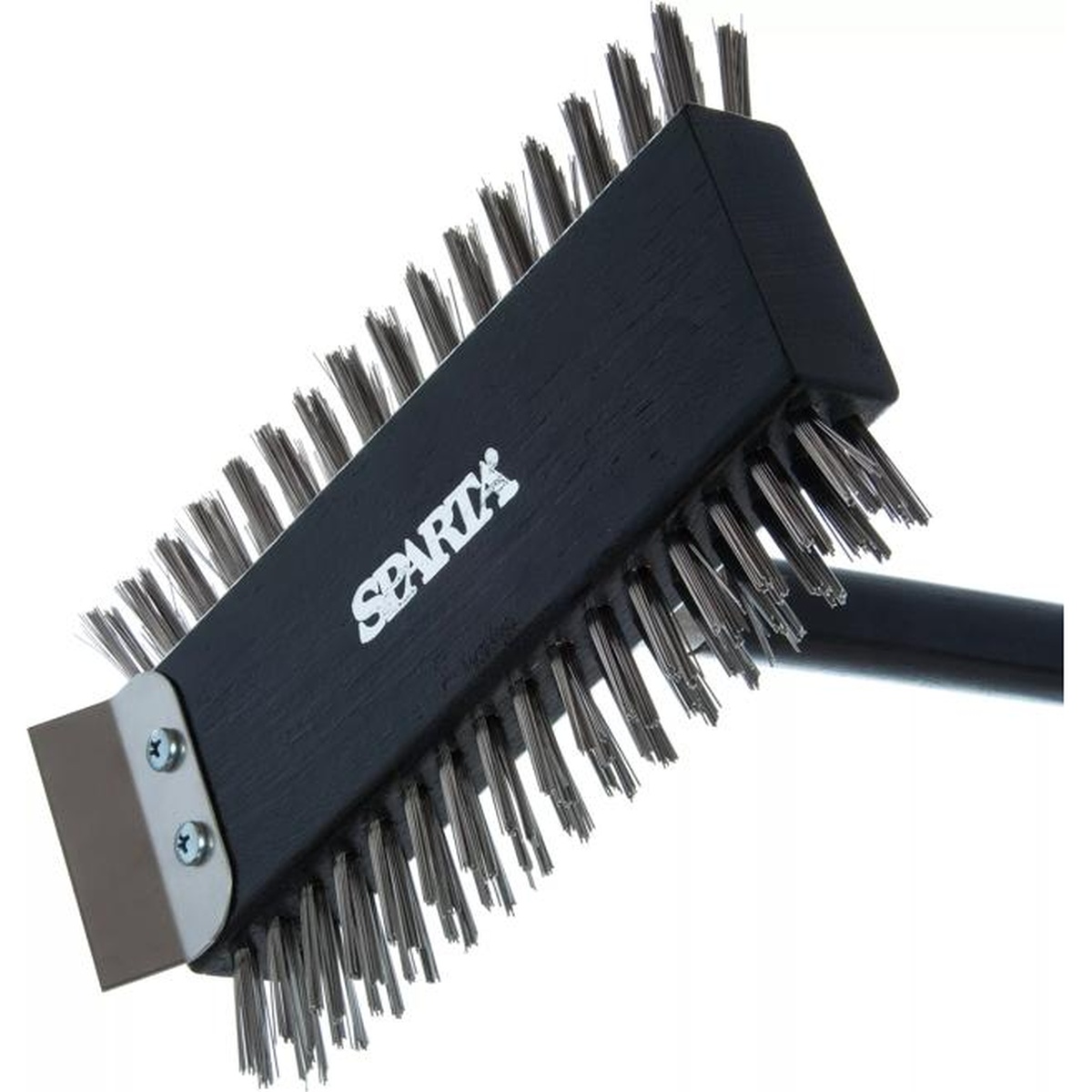 Close-up of Sparta grill brush head showing dense metal bristles and integrated stainless steel scraper