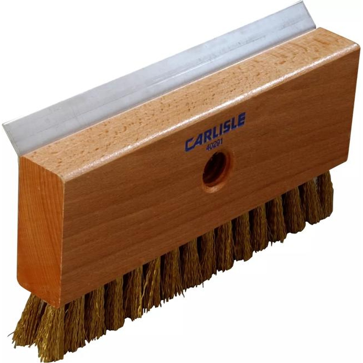 Carlisle Sparta 4029100 pizza oven brush and scraper head showing brass wire bristles, wood block body, and stainless steel scraper on white background