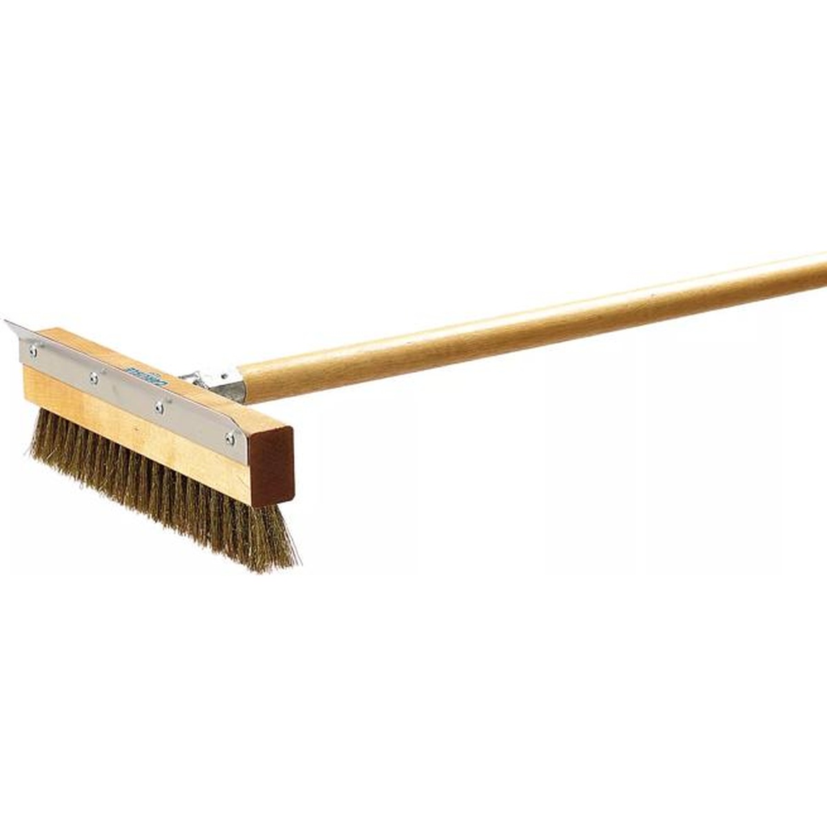 Pizza oven brush head with metal bristles on a long handle