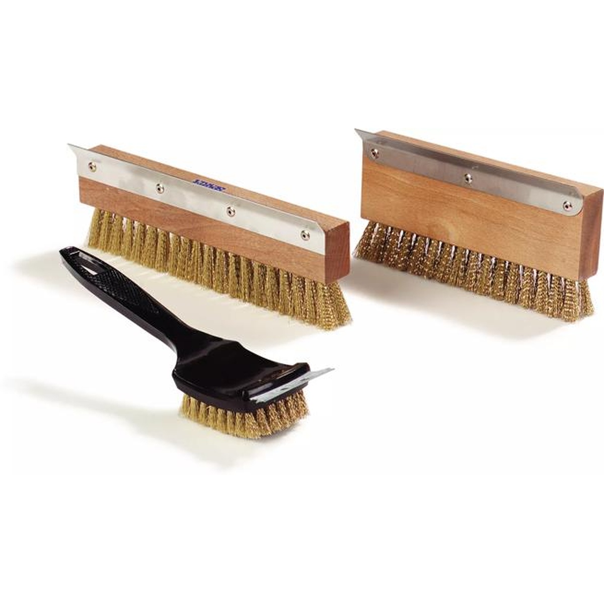 Multiple views of pizza oven brush heads and a handheld brush
