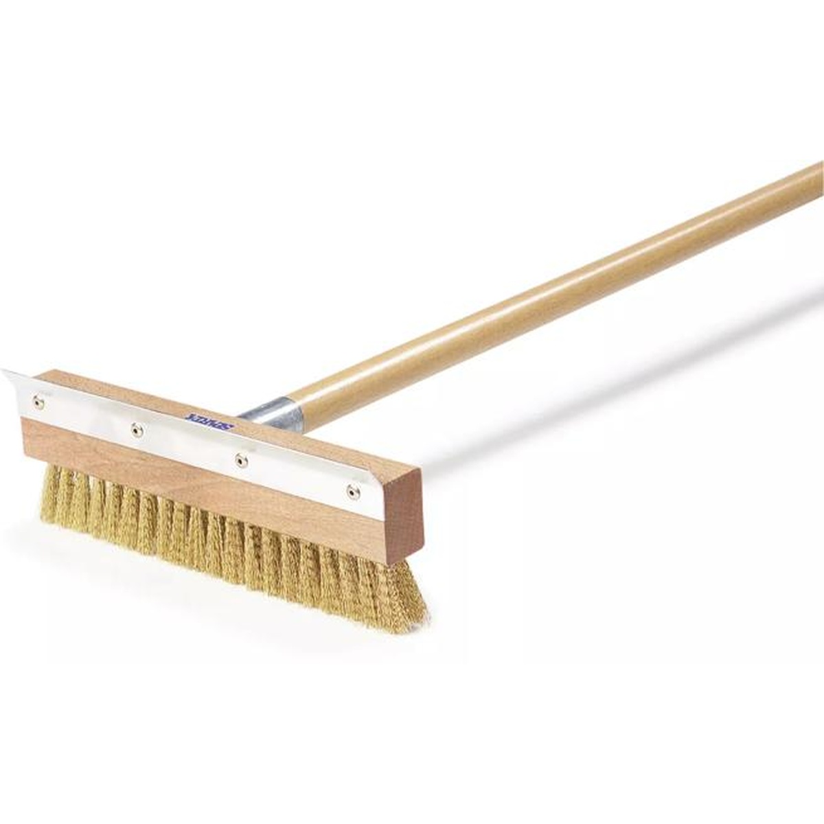Close-up of pizza oven brush head showing metal scraper and bristles
