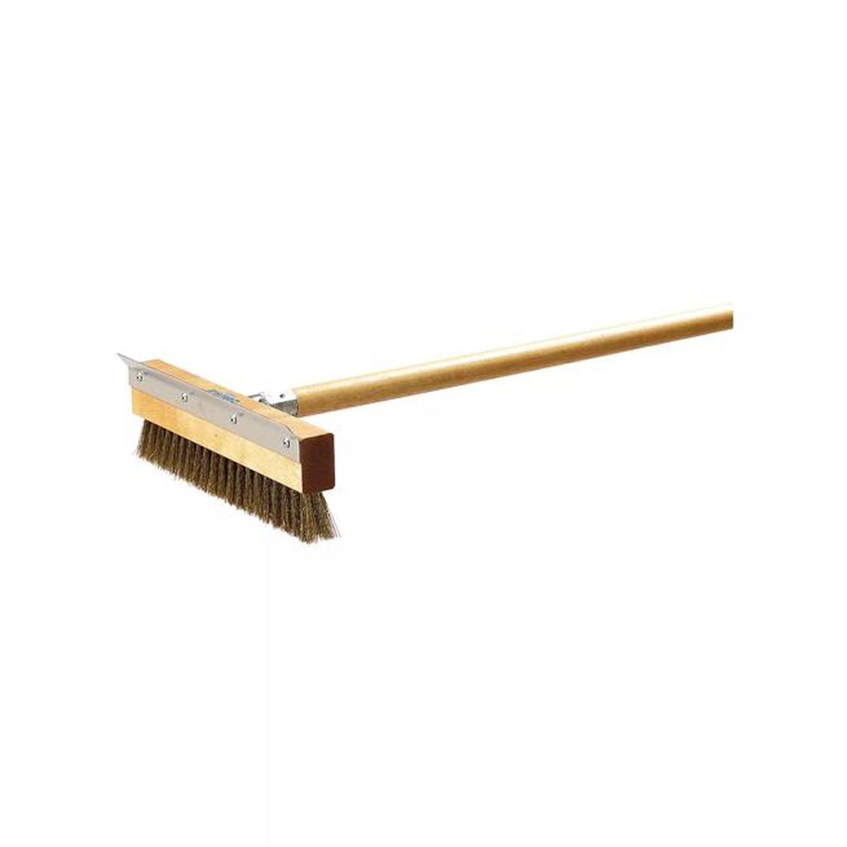 Pizza oven brush head shown on a handle at an angle