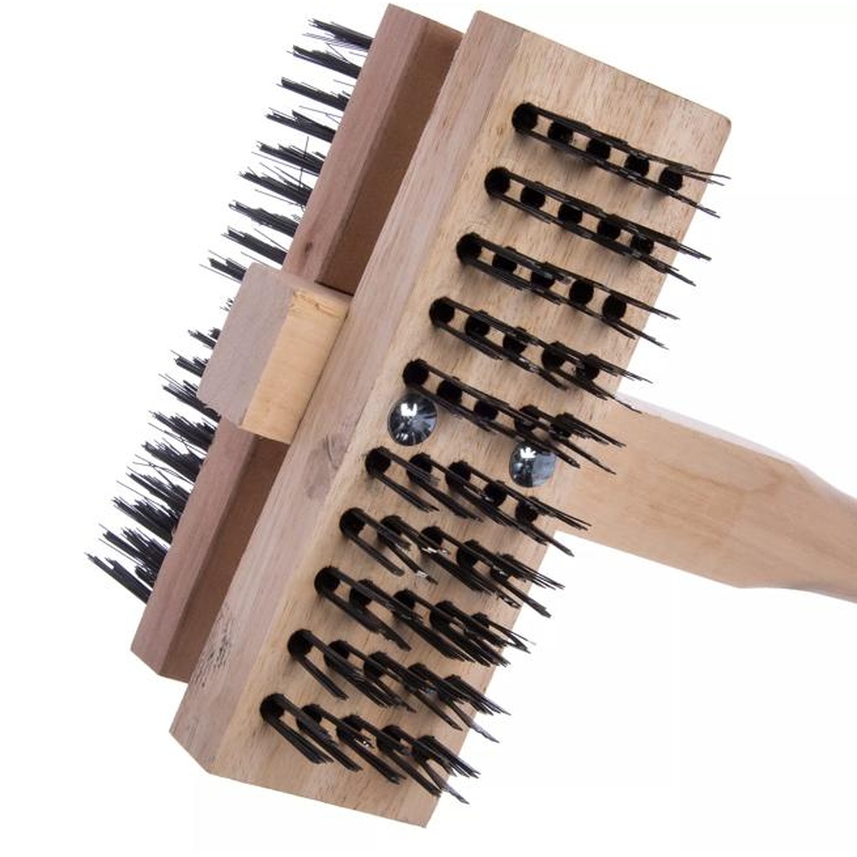 Close-up of Double Broiler King Grill Brush head showing dense carbon steel flat and wire bristle arrangement on wood block