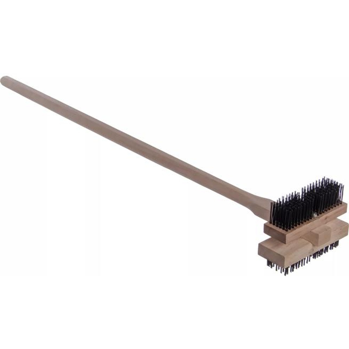 Double Broiler King Grill Brush side profile view highlighting the double brush head and long hardwood handle