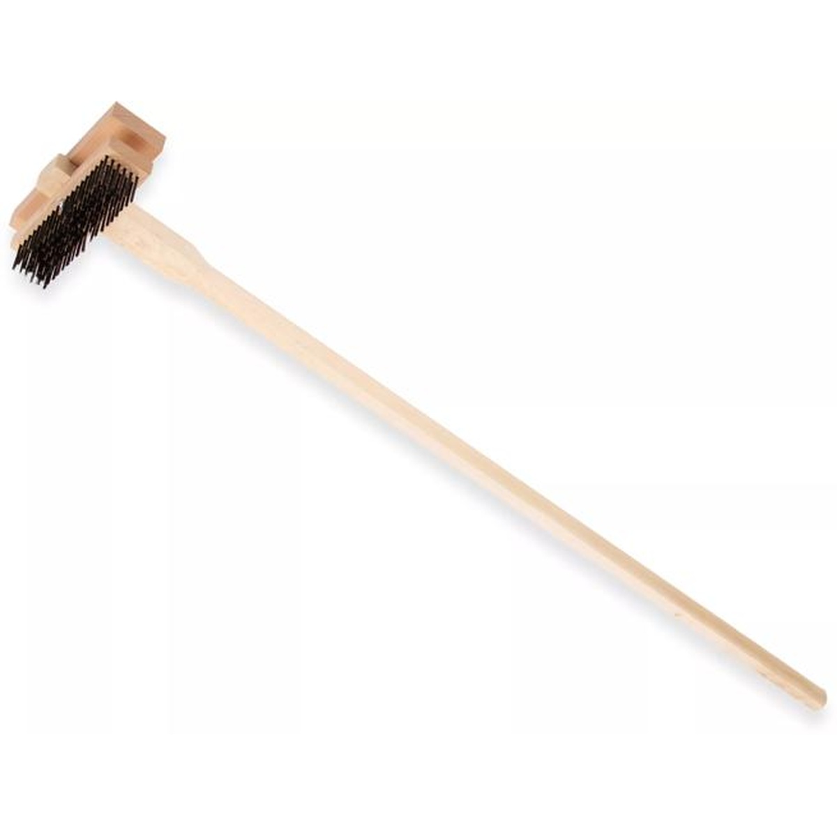 Double Broiler King Grill Brush full view showing long wood handle and metal bristle head at an angle