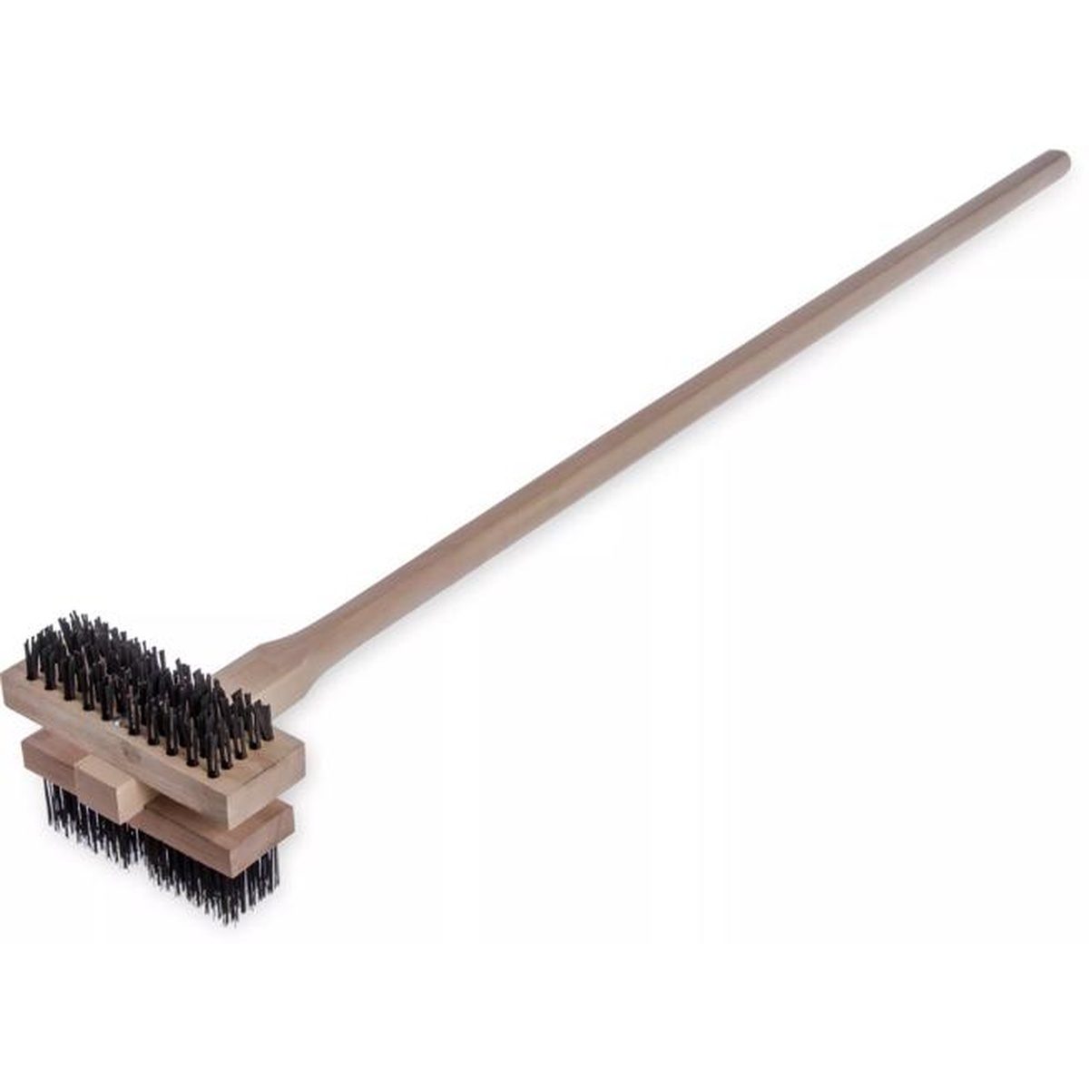 Double Broiler King Grill Brush angled view showing double-sided brush head with carbon steel bristles on both sides