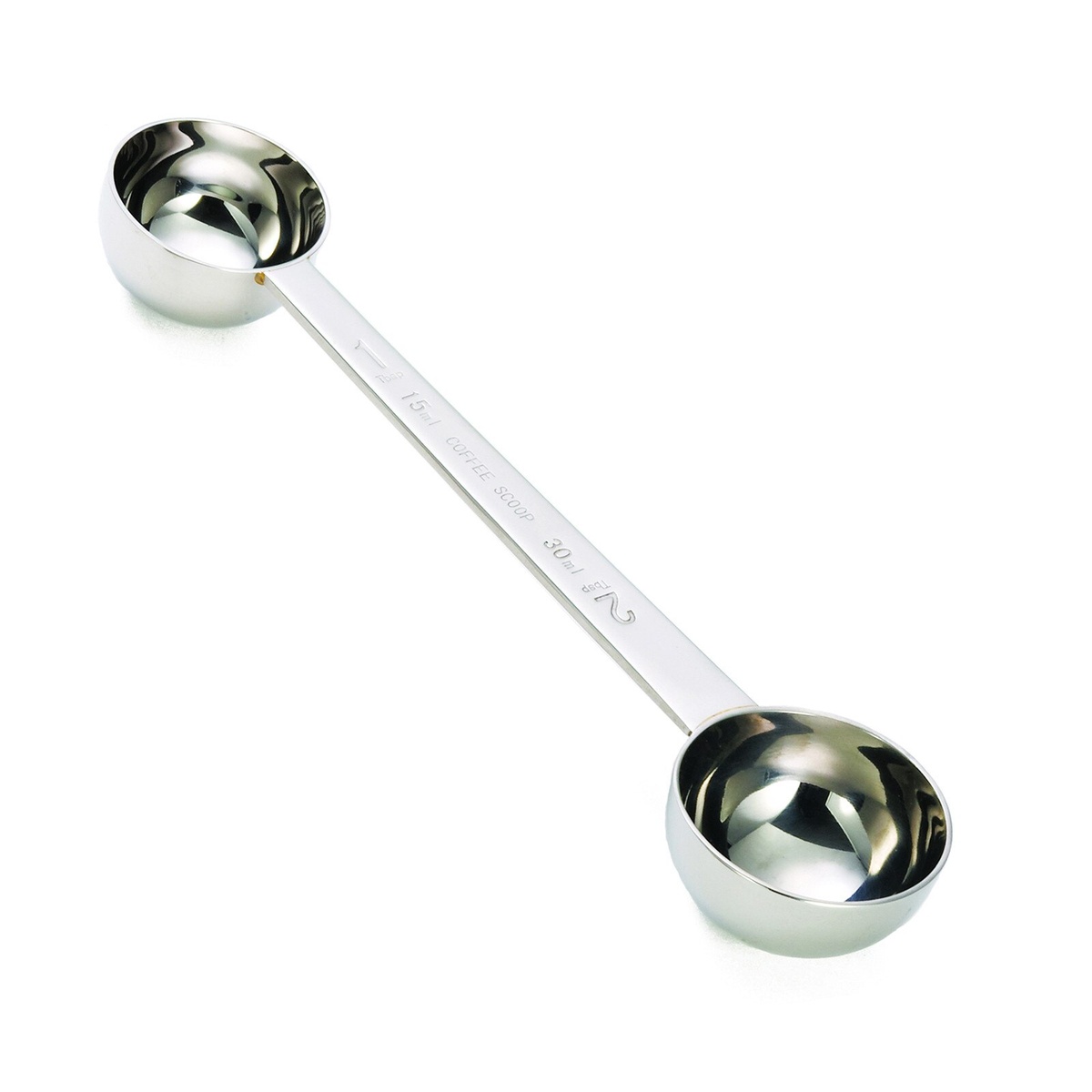 TableCraft 403 double-ended stainless steel coffee scoop showing 1 tbsp and 2 tbsp bowls with etched measurements on the handle