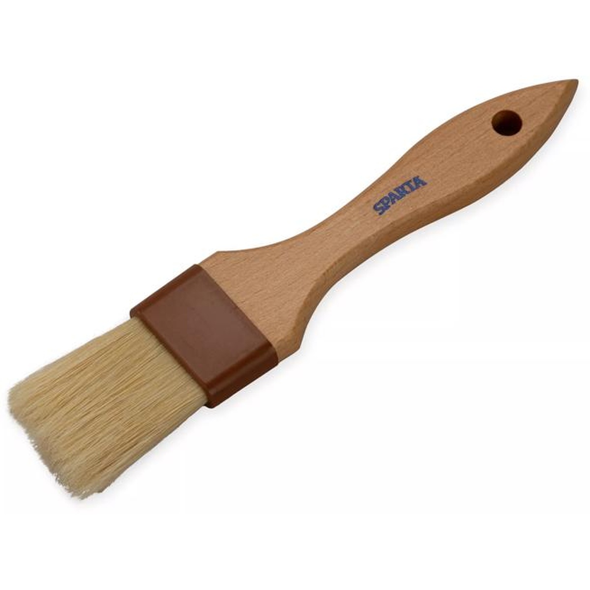 Full view of Sparta flat boar bristle basting brush with wooden handle and hanging hole