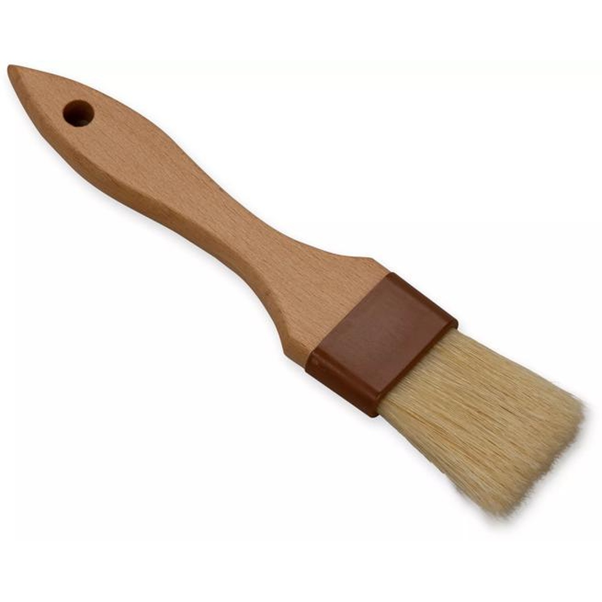 Angled view of flat basting brush showing wooden handle and wide bristle head