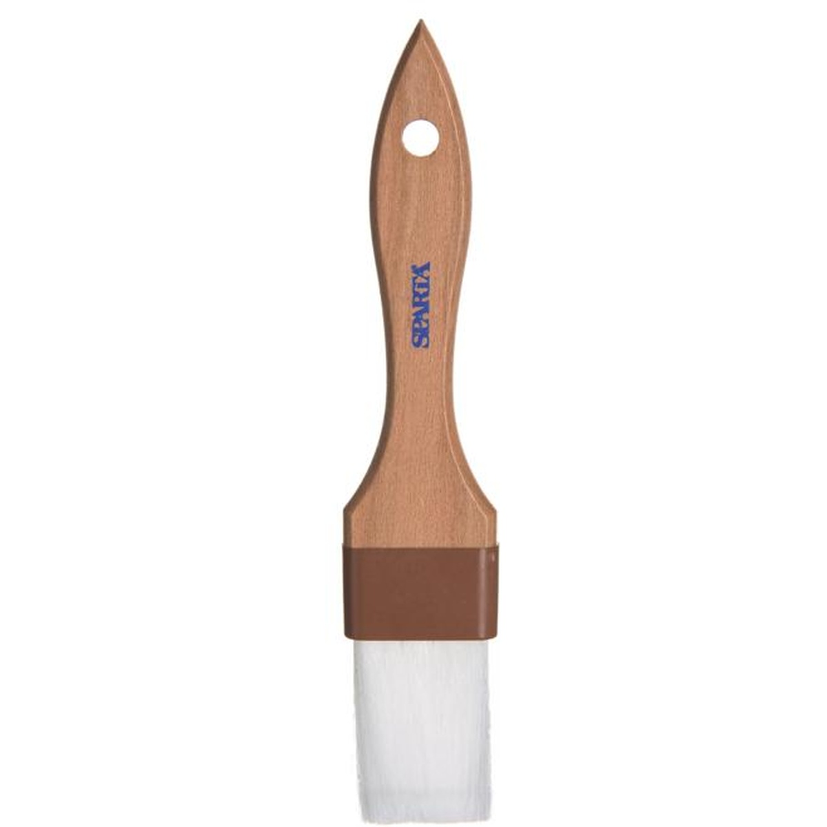 Sparta branded flat pastry brush front view showing pre-drilled hanging hole and white nylon bristles