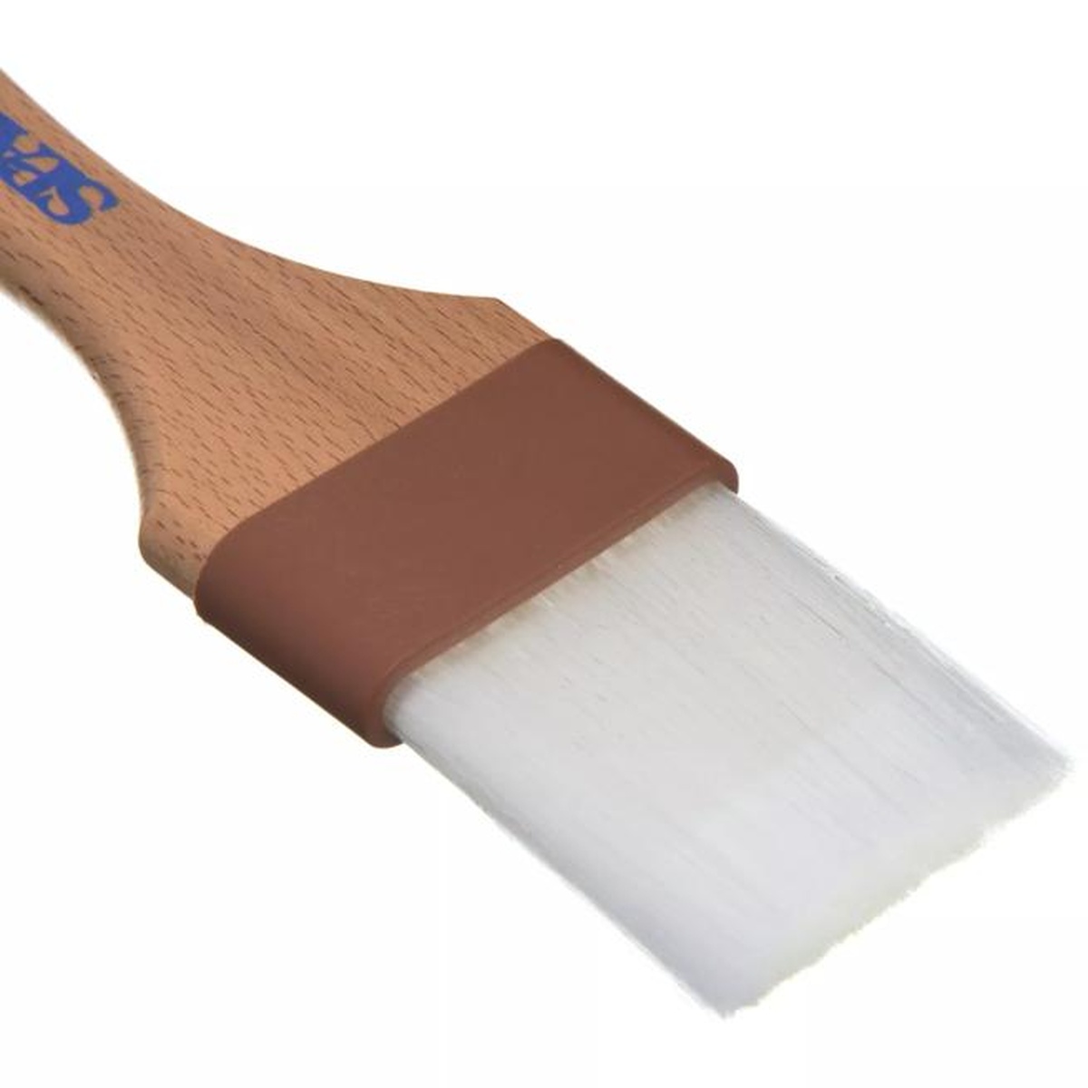 Close-up of white nylon bristles with brown ferrule