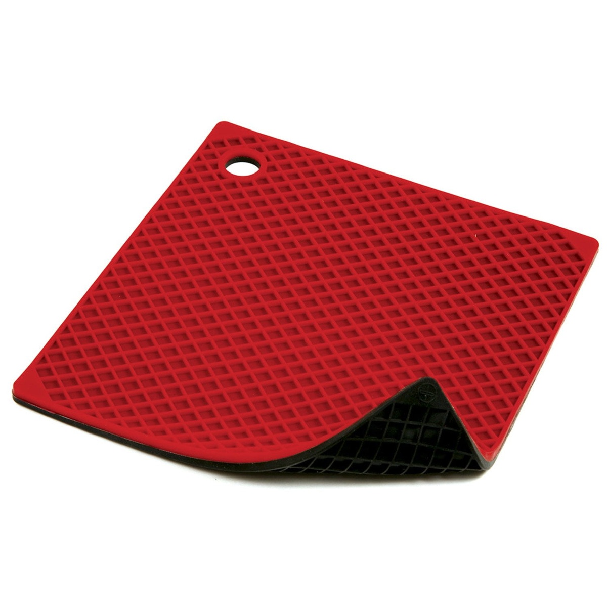 Norpro 403R reversible silicone pot holder mat showing red top side and black underside with honeycomb texture
