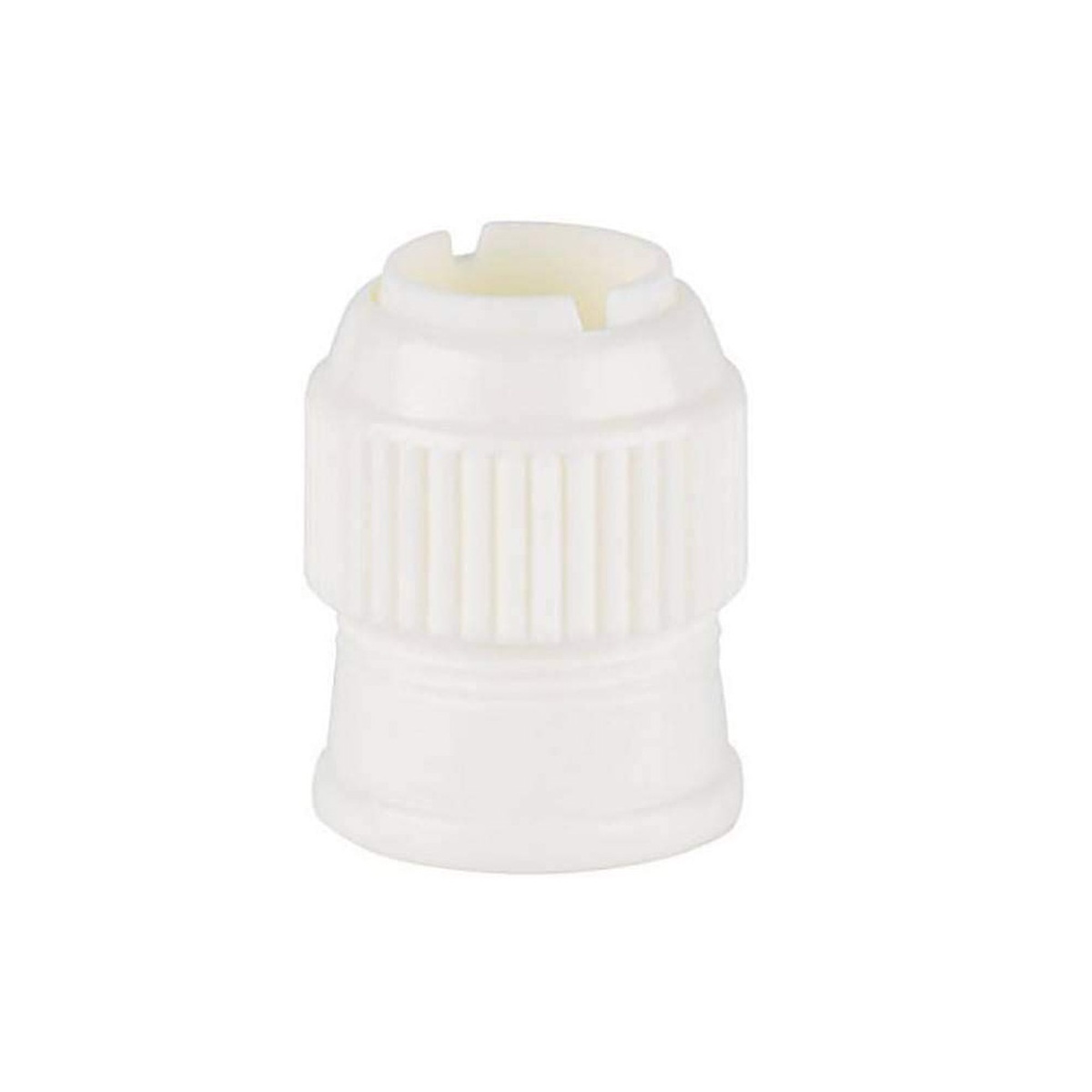 Ateco 404 large white plastic coupler assembled, viewed from the side