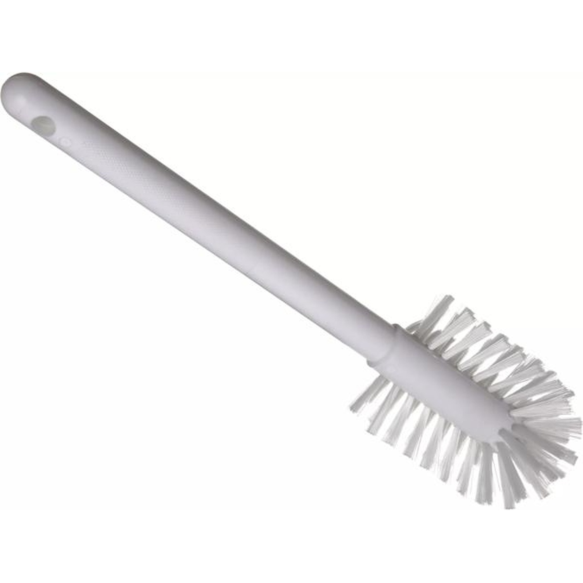 Side profile view of the Sparta white dish brush showing the long plastic handle and bristle head