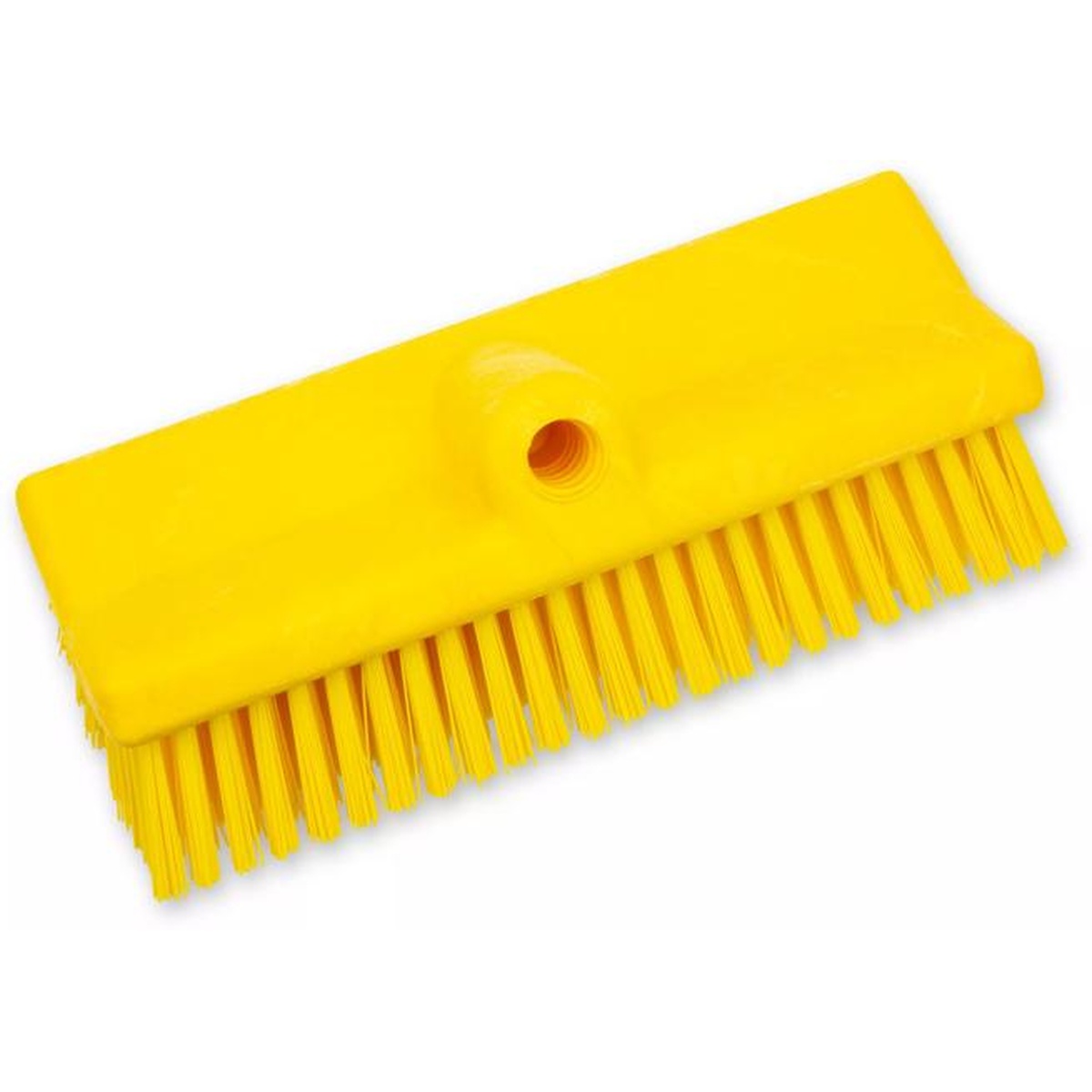 Sparta 40423EC04 yellow bi-level floor scrub brush, angled top view showing split-shape block and bristles