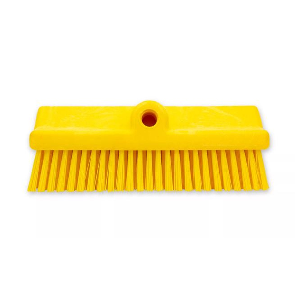Sparta yellow scrub brush head front view highlighting foam-injected block and threaded handle socket