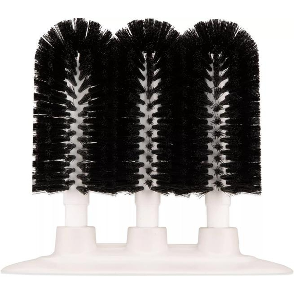 Sparta Triple Glass Washer front view showing three black polyester brush heads with white threaded stems and white suction base