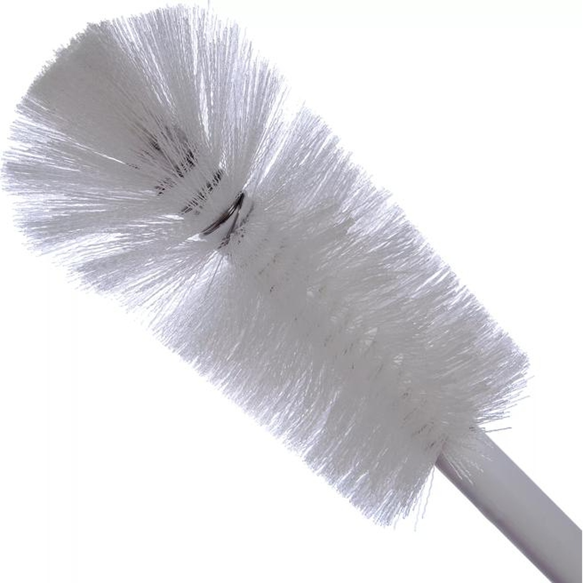 Close-up detail of the Sparta bottle brush head showing dense white polyester bristles wound on a wire core