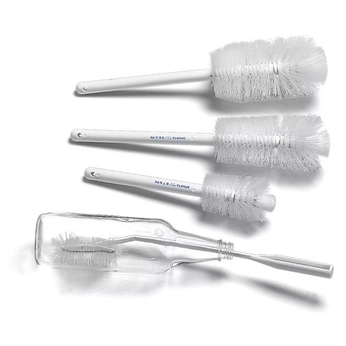 Assortment of Sparta bottle brushes in varying sizes displayed alongside a clear glass bottle showing brush fit