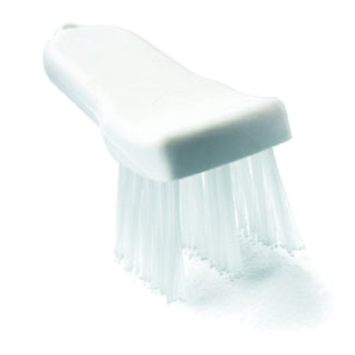 Close-up of white Sparta lettuce cutter brush showing stiff nylon bristles and plastic handle