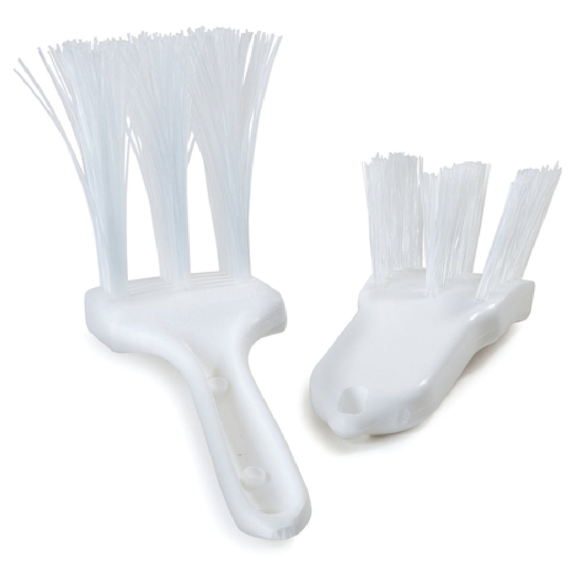 Two white Sparta vegetable cutter brushes shown from different angles highlighting bristle configuration and handle design