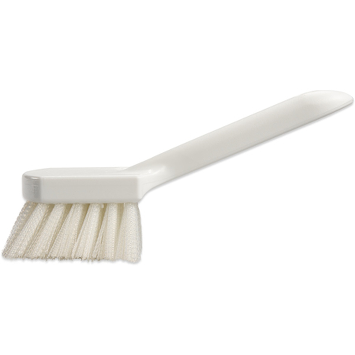 Sparta bent handle utility scrub brush in white with angled polypropylene handle and stiff polyester bristles, 8 inches long