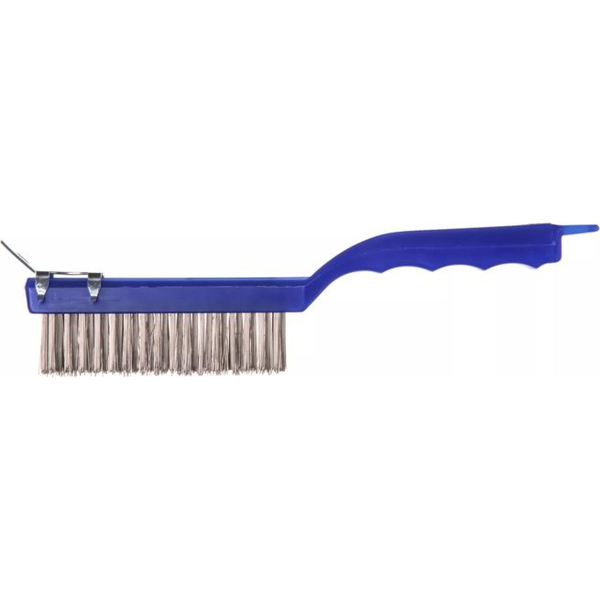 Side profile view of Sparta scratch brush showing full bristle head and metal scraper attachment