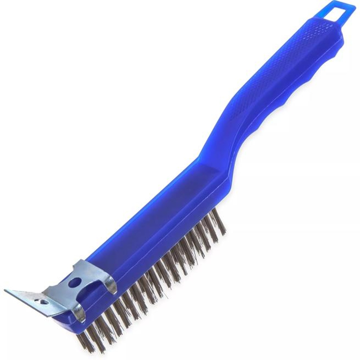 Sparta scratch brush with blue plastic handle, stainless steel wire bristles, and metal end-scraper